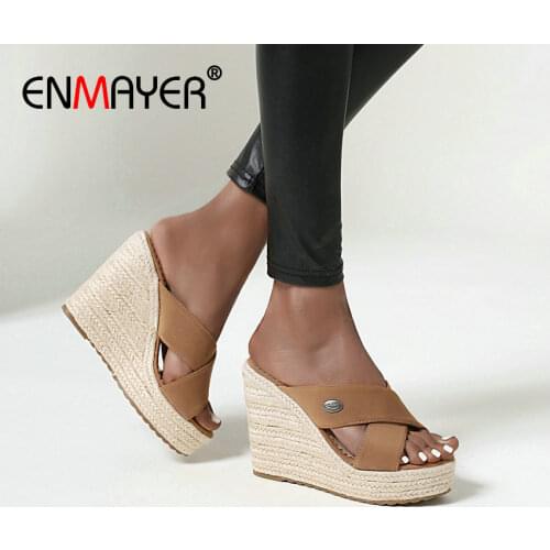 ENMAYER Solid Flock Womens Shoes Platform PU Fashion Summer Outside Women Slippers Basic 22020 Wedges Heels Slides Size 34-43