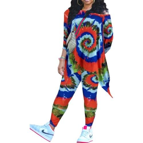 Trendy Chic Tie Dye Tracksuit Two Piece Outfits Long Sleeve Loose T-Shirt Top Female High Waist Pants Casual Homewear Streetwear