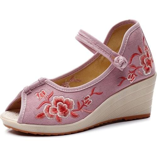 Ladies Embroidered Peep Toe Wedge Shoes 6.5cm Platform Instep Strap Women Comfort Summer Canvas Costume Jacquard Sandals