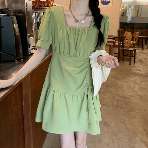 Willon Green Dress Design Sense Slim Slim Dress Short Skirt Female Summer Niche Square Collar Pleated Skirt Green Dress