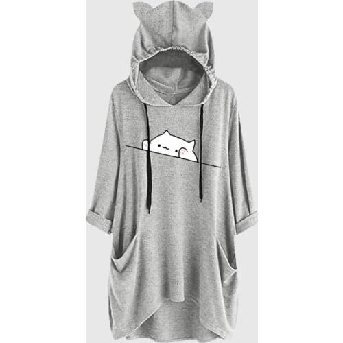 Women Ear Hat Hoodies Fashion Mid-length Mid-sleeve Cute Printed Hooded Sweatshirts Loose Daily Tops Sudaderas Con Capucha