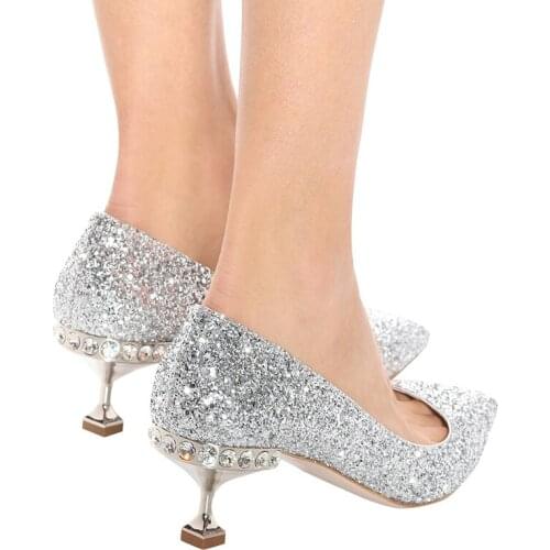 New Spring Womens Wedding Shoes Gold Silver Sequins Pointed Thin Heels High Heel Shoes Woman Shallow Diamond Sandals Crystal