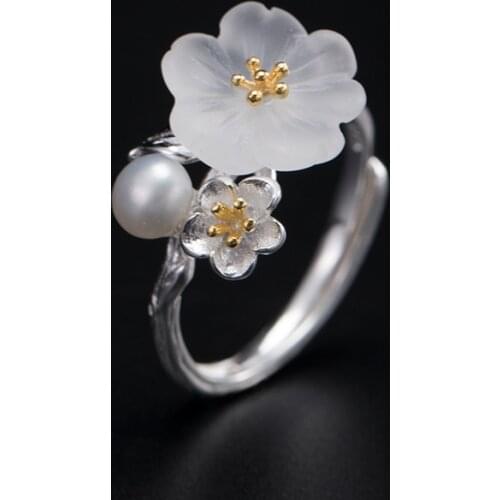 100% 925 Sterling Silver Natural Freshwater Pearl Crystal Flower Rings For Women Unique Fine Jewelry Ring