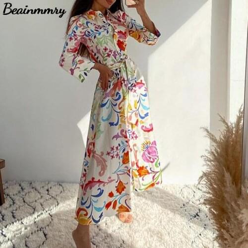 Za Women Geometry Print Shirt Style Dress 2021 Spring And Auutumn Elegant Ladies Long Sleeve Turn Down Collar Casual Midi Dress