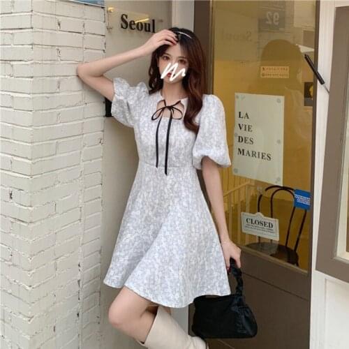 French Sweet First Love Temperament lolita dress 2021 New Spring and Summer Floral Tight Waist Lantern Sleeve Dress for Women