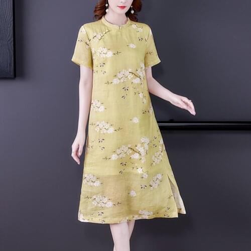 Women Chinese Style Vintage Floral Ramie Midi Dress Summer Casual 5XL Plus Size Loose Dress 2021 Elegant Bodycon Party Vestidos