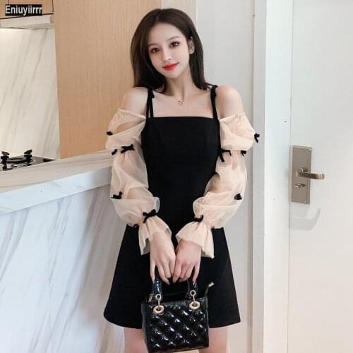 Women 2021 New Year Spring Patchwork Sexy Sheer Mesh Vintage French Black Mini Elegant Party Dress