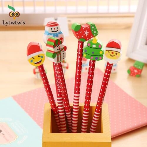 1 Pieces Lytwtws Wooden Cartoon Santa Stationery School Office Supply Student Gift Creative Kawaii Cute HB Pencil with Eraser