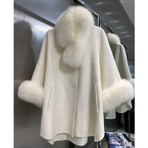 2020 Casual Winter Jacket Women Natural Real Fox Fur Collar Cashmere Wool Blends Outerwear Coat Streetwear Loose Cloak