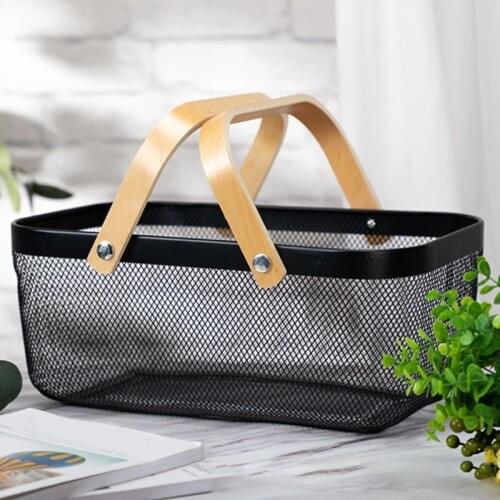 594C Nordic Style Metal Mesh Fruit Basket Bin with Double Wooden Handle Kitchen Wrought Iron Rectangle Storage Organizer