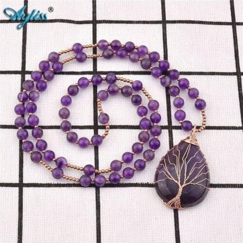 Ayliss Natural Stone Waterdrop Pendant Tree of Life Wire Wrapped Gem stone Pendant Necklace with Natural Crystal Beads Necklace