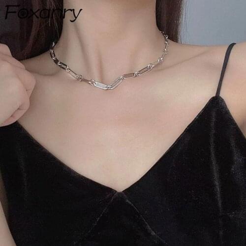 Foxanry 925 Sterling Silver Bracelets for Women Summer New Trendy Hip Hop Simple Couples Hollow Geometric Necklace Party Jewelry