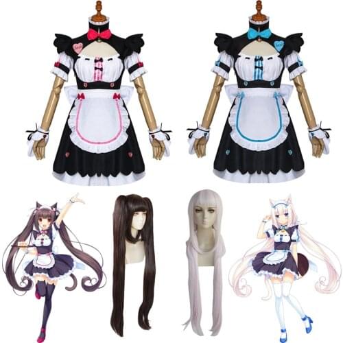Anime NEKOPARA Chocolate Vanilla Full Cosplay Costume Cafe Maid Uniform Halloween Carnival Lolita Dress Long Wig