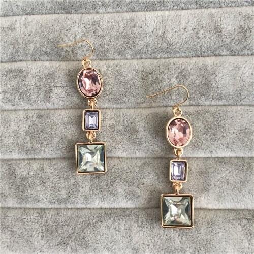 Lovely Gold Color Deep Red Yellow Light Rose Blue and Green Stone Square Oval Linked Drop Earring For Women Party Gift Jewelry