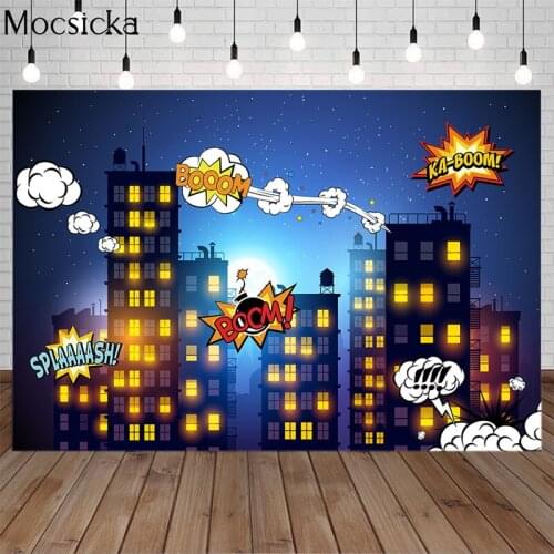 Mehofoto Super Hero Photography Background Birthday Party Backdrop Buildings and Night Props for Photo Shoot
