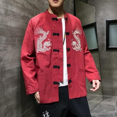 New Year Chinese Style Dragon Hanfu Men Vintage Clothing Embroidery Dragon Tang Suit Traditional China Fashion Tops Coat KK3465