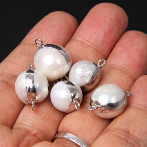 Natural Round Pearl Pendants Charms Silver Color Edged Pearl Connectors White Pearl Pendant for Women Jewelry Making Accessories