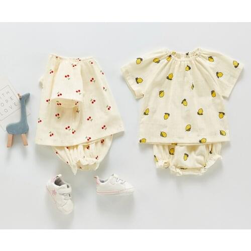 Casual Baby Girls Clothes Set Summer Newborn Baby Girl Clothing Outfits Short Sleeve Lemon Cherry Blouse+Shorts Infant Clothes