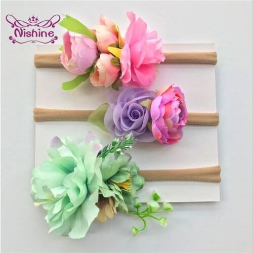 Nishine 3pcs/lot Fashion Artificial Flower Hairband Baby Girls Elastic Nylon Headband Children Clothing Accessories Kids Gifts