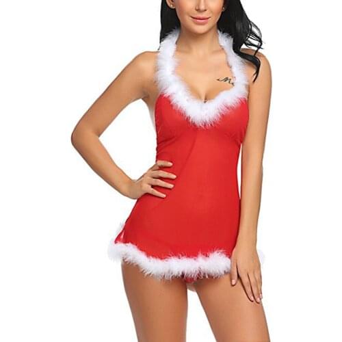 Christmas Sexy Lingerie Perspective Mesh Christmas Dress Erotic Sleepwear Babydoll Dress Sleeveless Chemise Sexy Santa Underwear