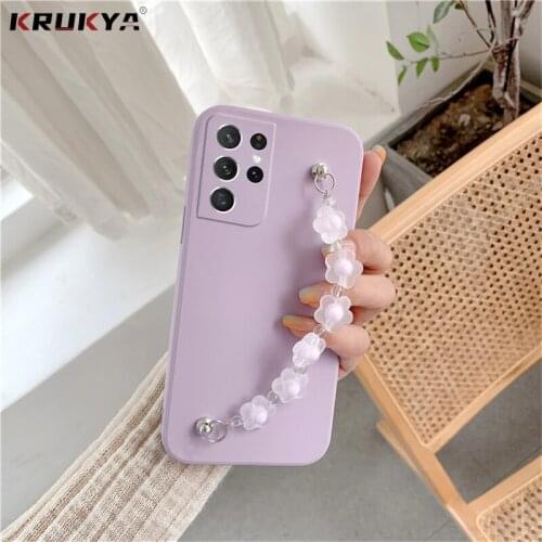 Flower Wrist Chain Phone Case For Samsung Galaxy S21 Ultra A72 A52 A32 A42 A12 A51 A71 A31 Camera Protection Silicone Soft Cover