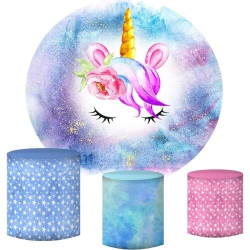 Blue Purple wall Gold Unicorn Party Background for Photography baby shower party decor cake table banner Birthday Round Backdrop