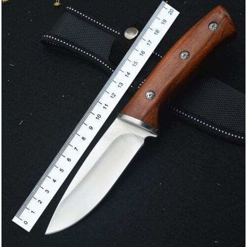 Bk Outdoor Tactical Pocket Knife 440C Drop Point Fixed Blade Wooden Handle Camping Survival Knife Tool Nylon Sleeve EDC Defense