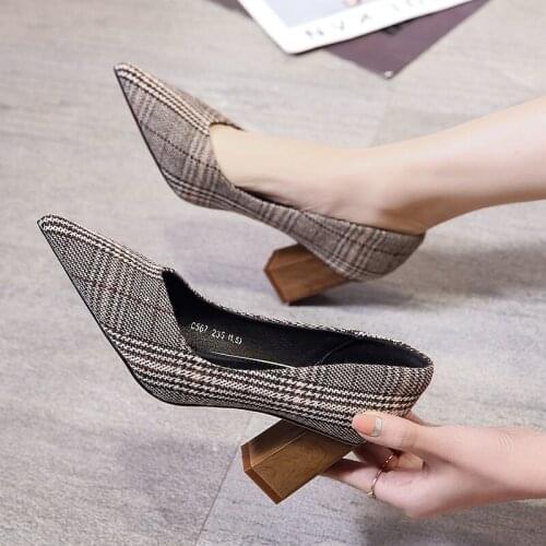 EAGSITY Plaid square heel women high heel shoes fashion ladies pointed toe casual party dancing slingback slip on lady pumps