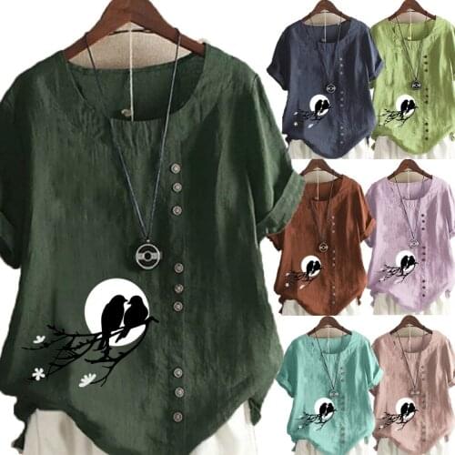 Summer Womens Birds Printed Short Sleeve Round Neck T-shirt Ladies Casual Linen Shirts Plus Size Blouse Tops S-5XL