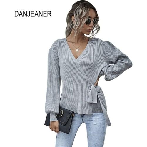 DANJEANER 2020 Criss-Cross Lace Up Knitted Sweater Women Sexy V Neck Lantern Sleeve Slim Solid Cardigans Autumn Winter Warm Tops