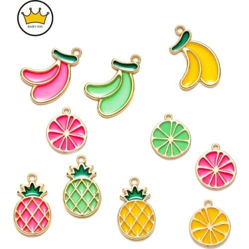 5 PCS Fruit Enamel Charms Zinc Based Alloy Lemon Pineapple/ Ananas Pendants Gold Color For DIY Earring Necklace Jewelry Making