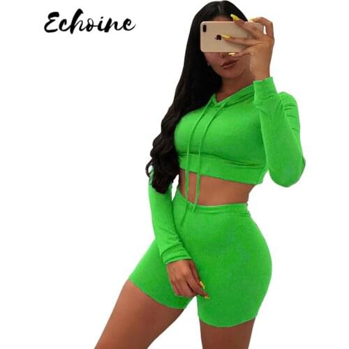Echoine Casual Hooded Sports Two Piece Set Long Sleeve T Shirt Crop Top Slim Shorts Tracksuit Summer Fashion Outfits Sportswear