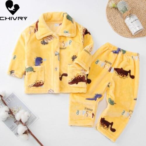 New Kids Boys Girls Autumn Winter Flannel Pajama Sets Cartoon Print Long Sleeve Lapel Tops with Pants Sleeping Clothing Sets