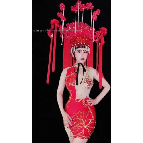 Rhinstone skin color Irregular skirt asymmetric top decoration circus cruise celebration nightclub stage costume red bodysuit
