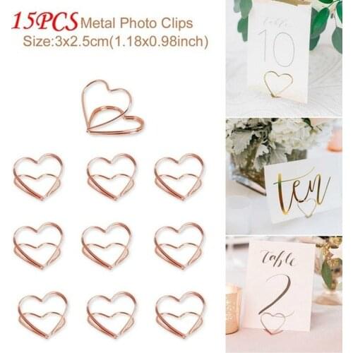 15PCS Heart-shaped Photo Clip Card Holder Wedding Table Decoration Retro Paperclips Rose Gold Mental Clips Stationary