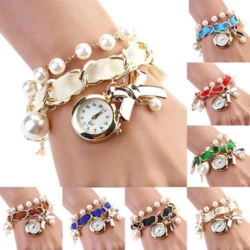 Women Watches Pearl Bowknot Decoration Leather Band Analog Quartz Bracelet Wrist Watch 2KMC 6T4X 93YN