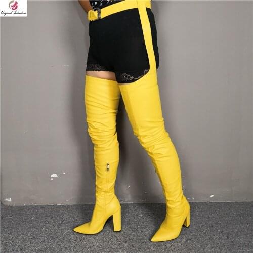Original Intention Super Fashion Pants Boots Woman Over Knee High Boots Yellow Pointed Toe Chunky Heels Shoes Female Winter 4-15