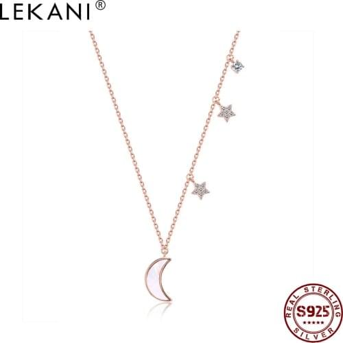 LEKANI S925 Sterling Silver Unique Shell Moon And Zircon Stars Pendant Necklace For Women Gift Cute Fairy Style Fine Jewelry