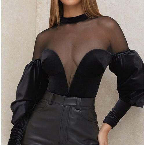 Womens Sexy Mesh Patchwork Plunge Velvet Jumpsuit Perspective See Through Bodycon Stretch Romper Long Sleeves Clubwear Leotard