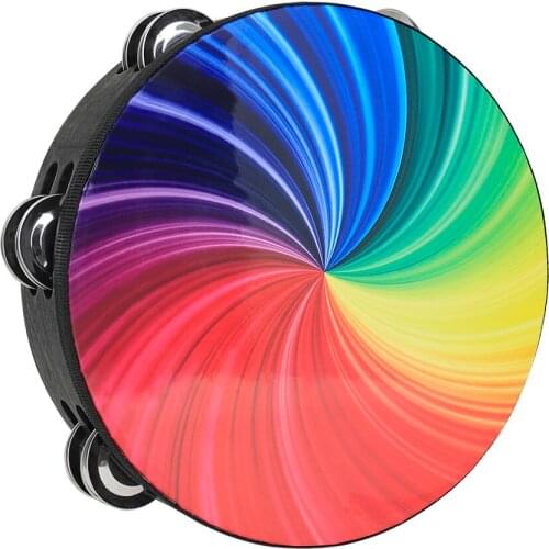 8 Inch Rainbow Tambourine Wooden Handbell Early Education Percussion Instrument with Double Row Jingles for Children Boys Girls
