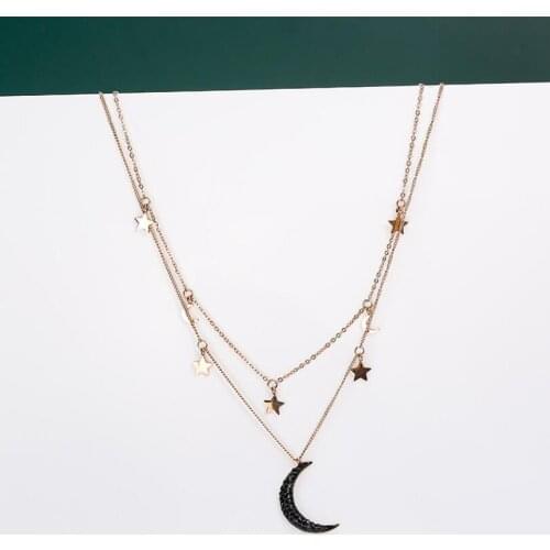 316L Stainless Steel Upscale Double Layer Many Stars Zircon Moon Charms Chain Choker Necklace For Women Fashion Jewelry SAN408