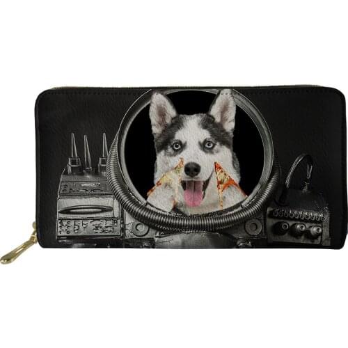 Black Women Long Wallet Zipper Around Womens Purse PU Leather Large Clutch Card Wallets Cute Husky Dog Print Phone Coin Purses