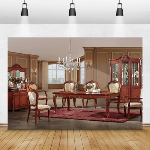 Laeacco Retro House Chandelier Dressing Table Chairs Cabinet Living Room Decor Photo Backdrops Photography Backgrounds Photocall