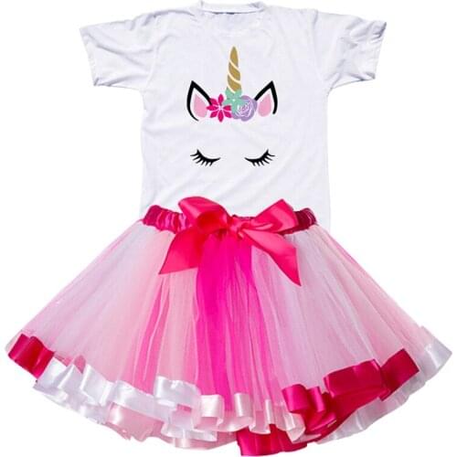 Childrens Girl Match Unicorn Clothing Sets Unicorn Tops Tutu Dress Headband Summer Kids Clothes Princess Birthday Party Wear