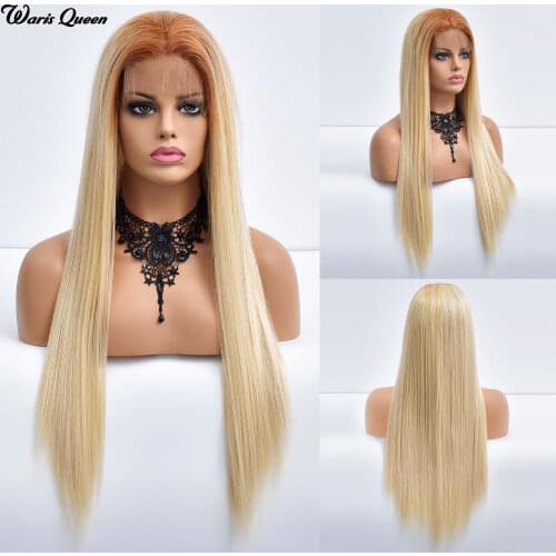 Long Straight Blonde Ombre Lace Front Synthetic Wigs For Black Women Middle Parting Natural Heat Resistant Fiber Cosplay Wigs