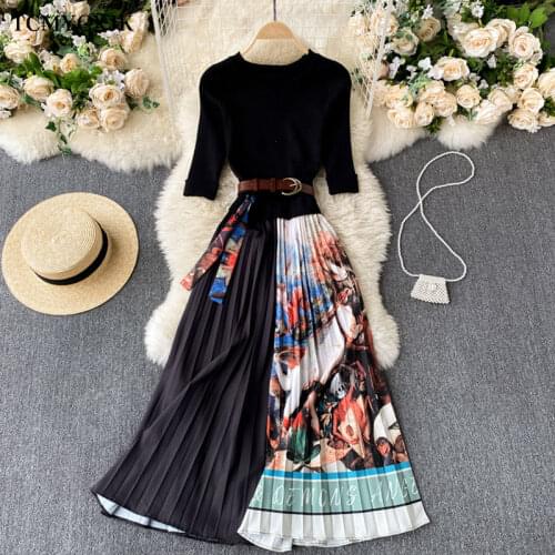 Elegant Knitted Patchwork Pleated Dress 2021 Summer Fashion Round Neck Short-sleeved Waist Lace-up Contrast Print Midi Dress