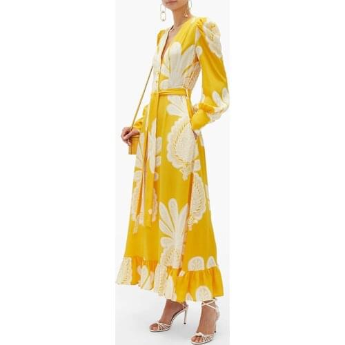 European and American dress women v-neck long-sleeved printing belt waist temperament yellow long dress women