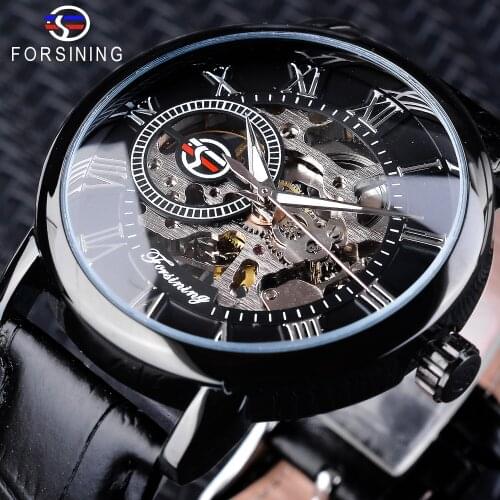 Forsining Fashion 3D Hollow Engraving Design Full Black Luminous Hands Skeleton Men Mechanical Watch Top Brand Luxury Clock Male