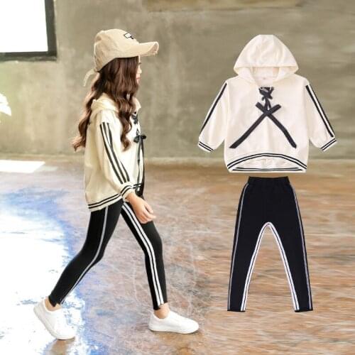Girls Clothing Set 6-10 Years Autumn Hooded Casual Sports Hoodies 2 PCS Set (Hoodie+ Striped Pant) Fashion Bows Hoodies Suits