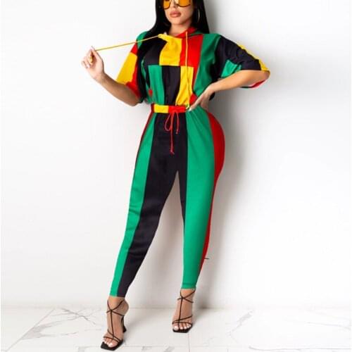 Two Piece Colorblock Suits Short Sleeve Hooded Sweatshirt Top & Slim Pants Set Tracksuits